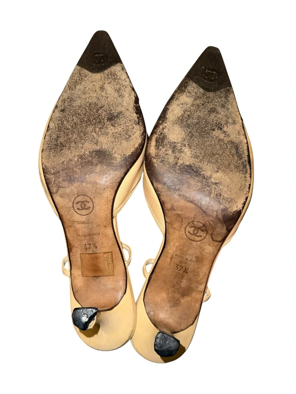 Vintage Chanel Classic Cap Pointed Toe CC Cream Slingback Heels 37.5 7.5 US USED - Picture 10 of 12